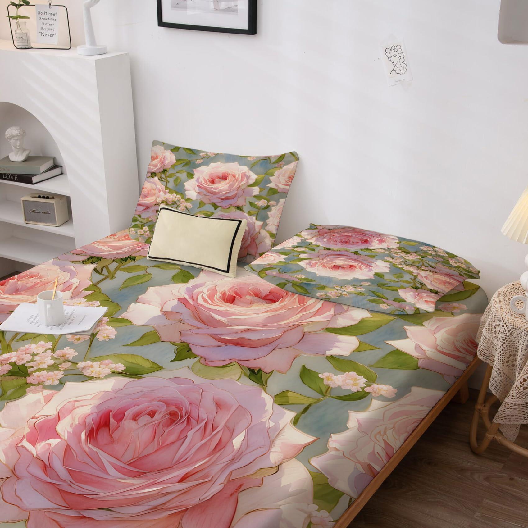 GEDAEUBA GEDAEUBA Pink Rose Sheets Full Size - Floral Bed Sheets for Kids Boys Girls, Botanical Sheet Set, Soft Microfiber & Deep Pocket & Wrinkle Free Fitted Sheet, Flat Sheet and Pillow Cases