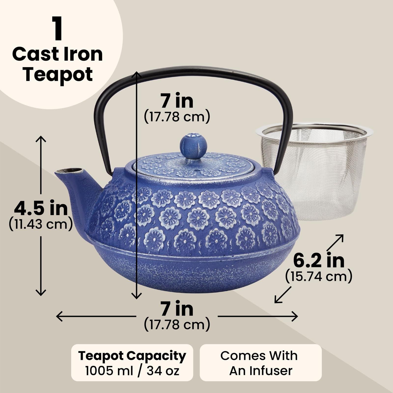 Juvale Juvale Japanese Cast Iron Teapot with Infuser for Loose Leaf and Tea Bags, Kettle Includes Handle and Removable Lid (Blue, 34oz)