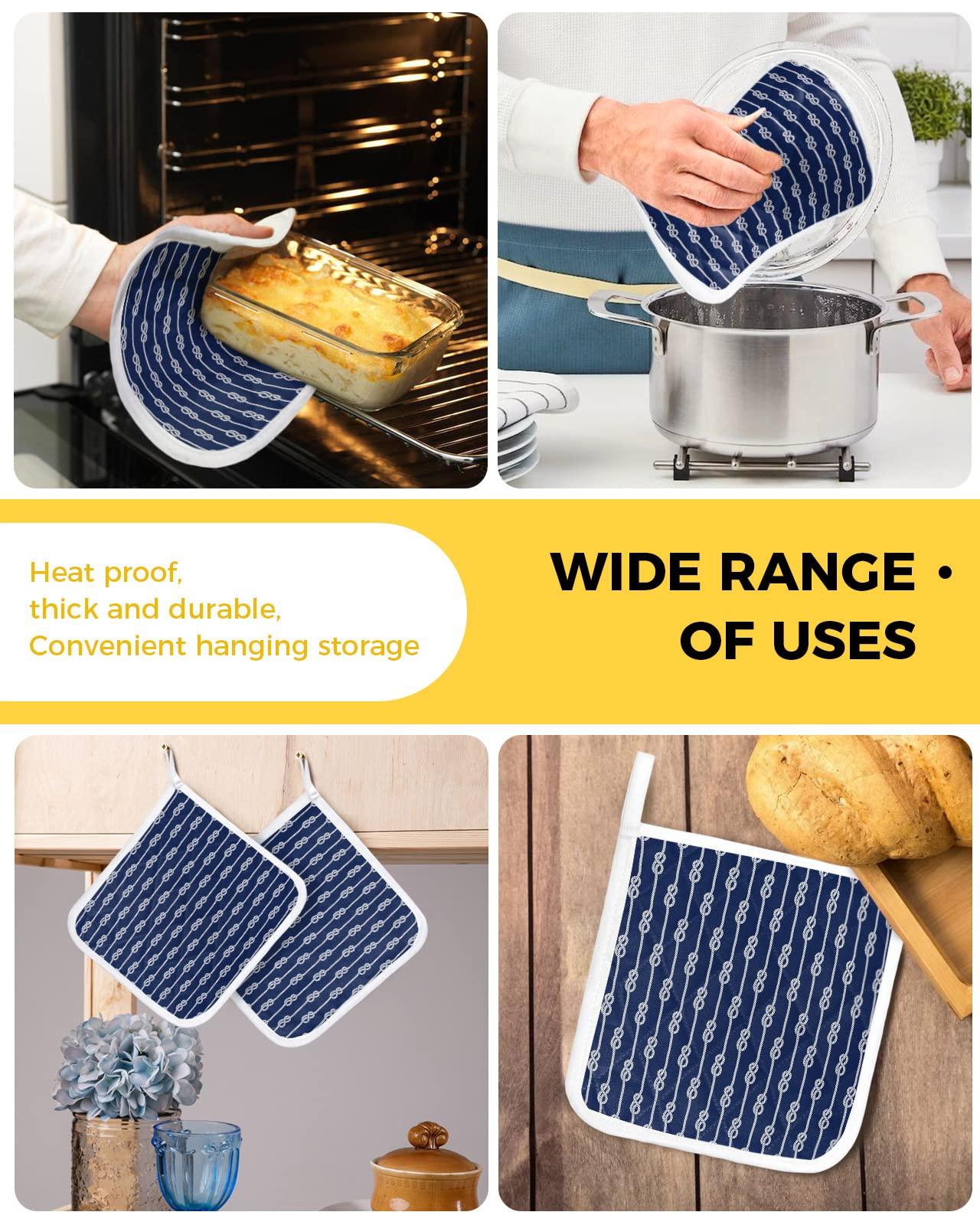 Boanket Coastal Whiet Knot Pot Holders for Kitchen, Navy Blue Summer Beach Seaside Nautical Pot Holder with Loop Trivet Heat Insulation Oven Mitts Hot Pads, Washable Potholders for Cooking Backing 2 Pack