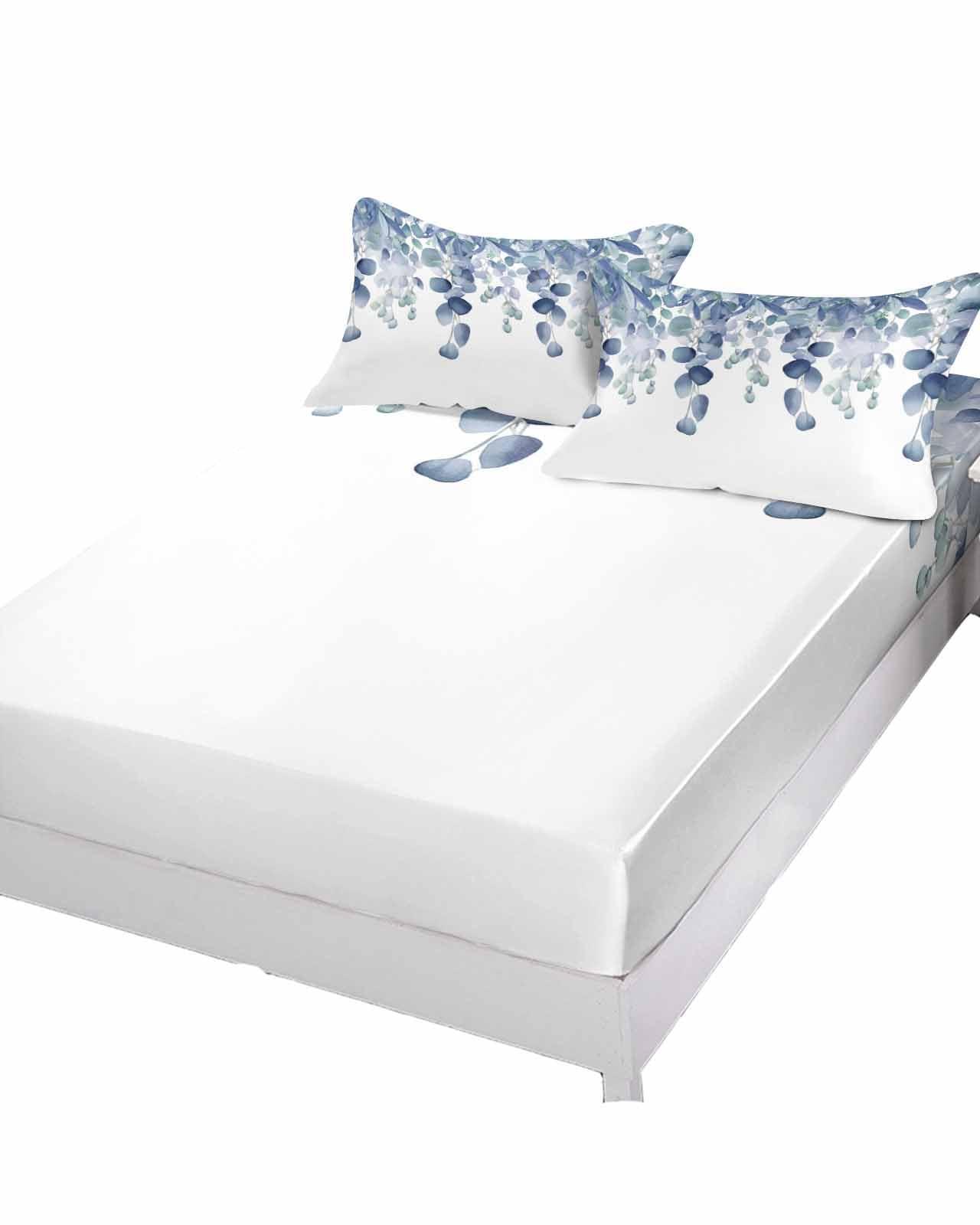 Queener Home Watercolor Blue Eucalyptus Leaf Fitted Bed Sheet with Elastic Edge King Deep Pocket Bedding Sheets Fits Mattress Up to 16 Inch, Pastoral Green Botanical Leaves Mattress Cover with 2 Pillowcase