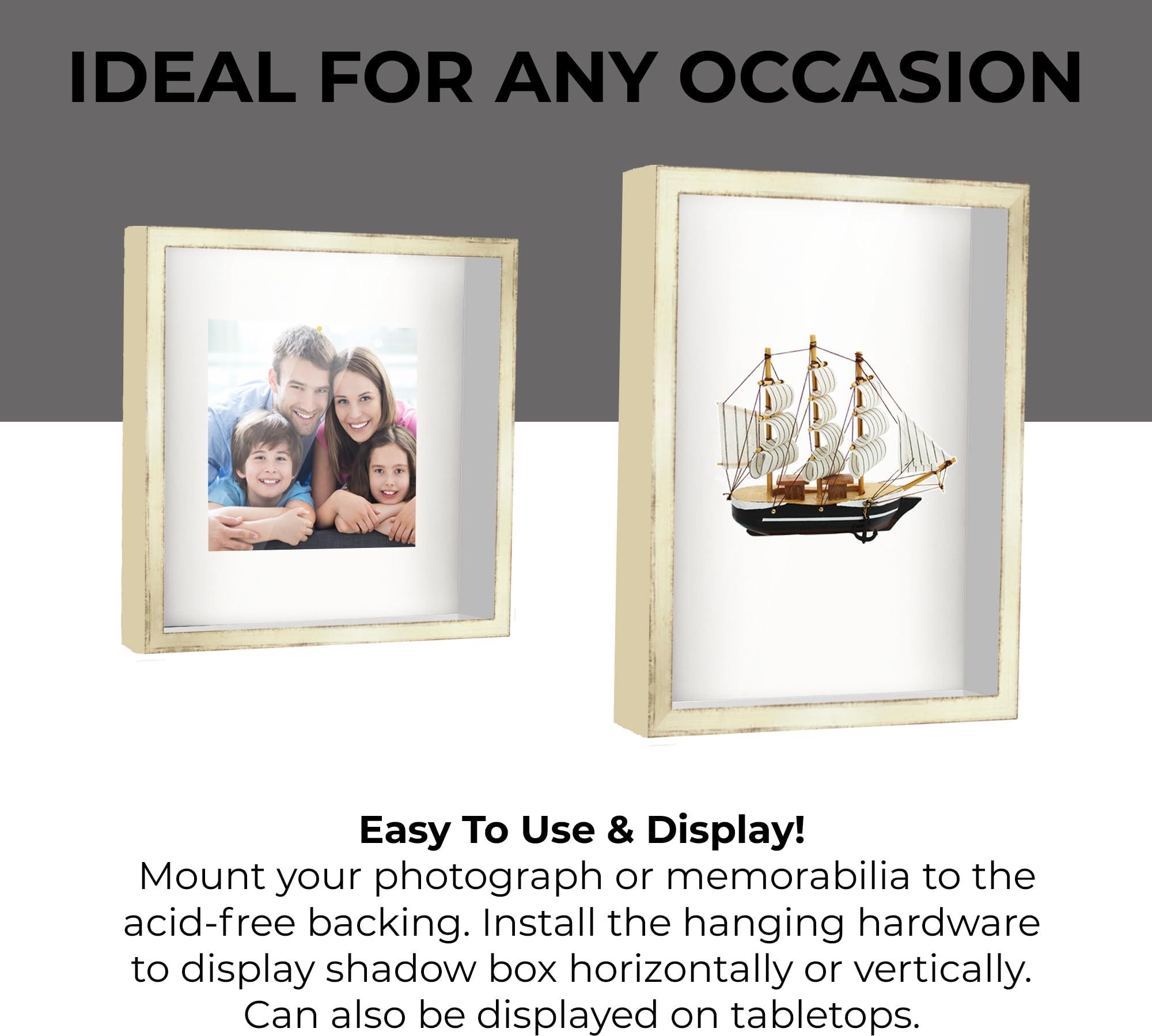 CustomPictureFrames.com 8x8 Shadow Box Frame White | 1.125 Inches Deep Real Wood Distressed Shadowbox Display Frame | UV Resistant Acrylic Front, Acid Free Backing, and Hanging Hardware | Luce Picture Frame Style