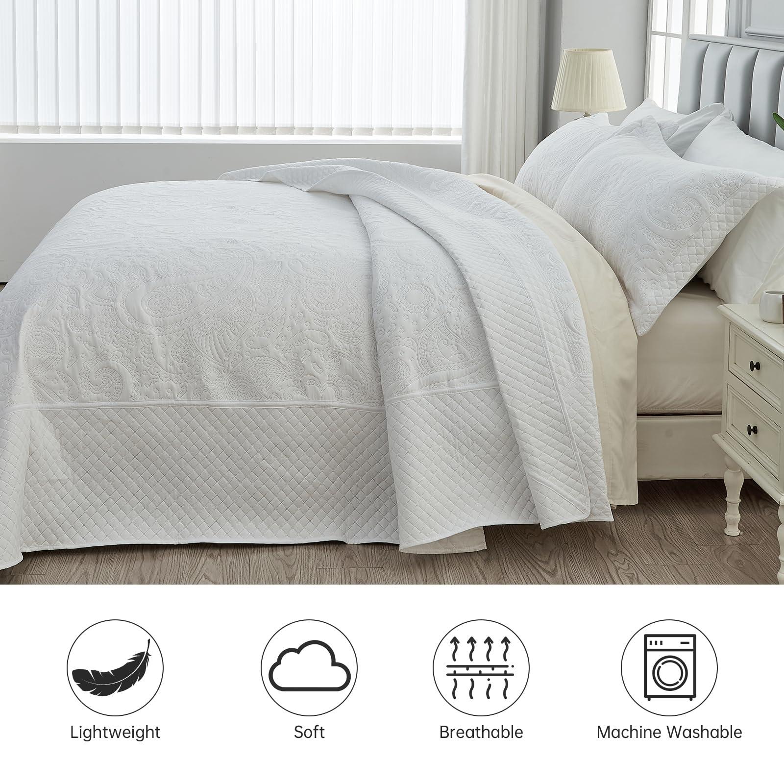 SUCHBED SUCHBED California King Bedspread Set Oversized King Bedspreads 128x120 inches Cal King Quilt Bedding Set Extra Wide King Quilt Paisley Quilt White Coverlet Sets with Shams