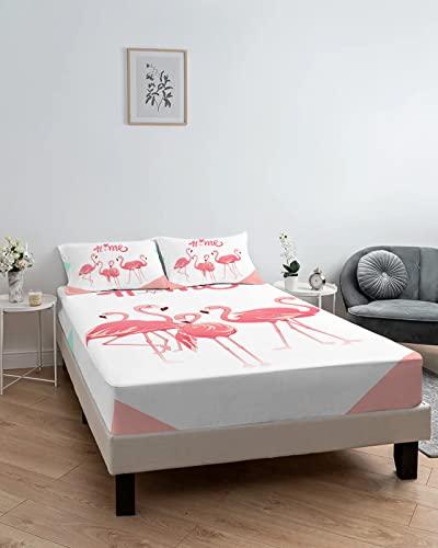 ZFUNCING Romantic Summer Flamingo Love Heart Tropical Animal Fitted Bed Sheets Twin Size Fit 5-16inch Deep Pockets,Luxury Bottom Sheet Bedding Set with Pillow Case,Pink White Fitted Sheet for Mattress