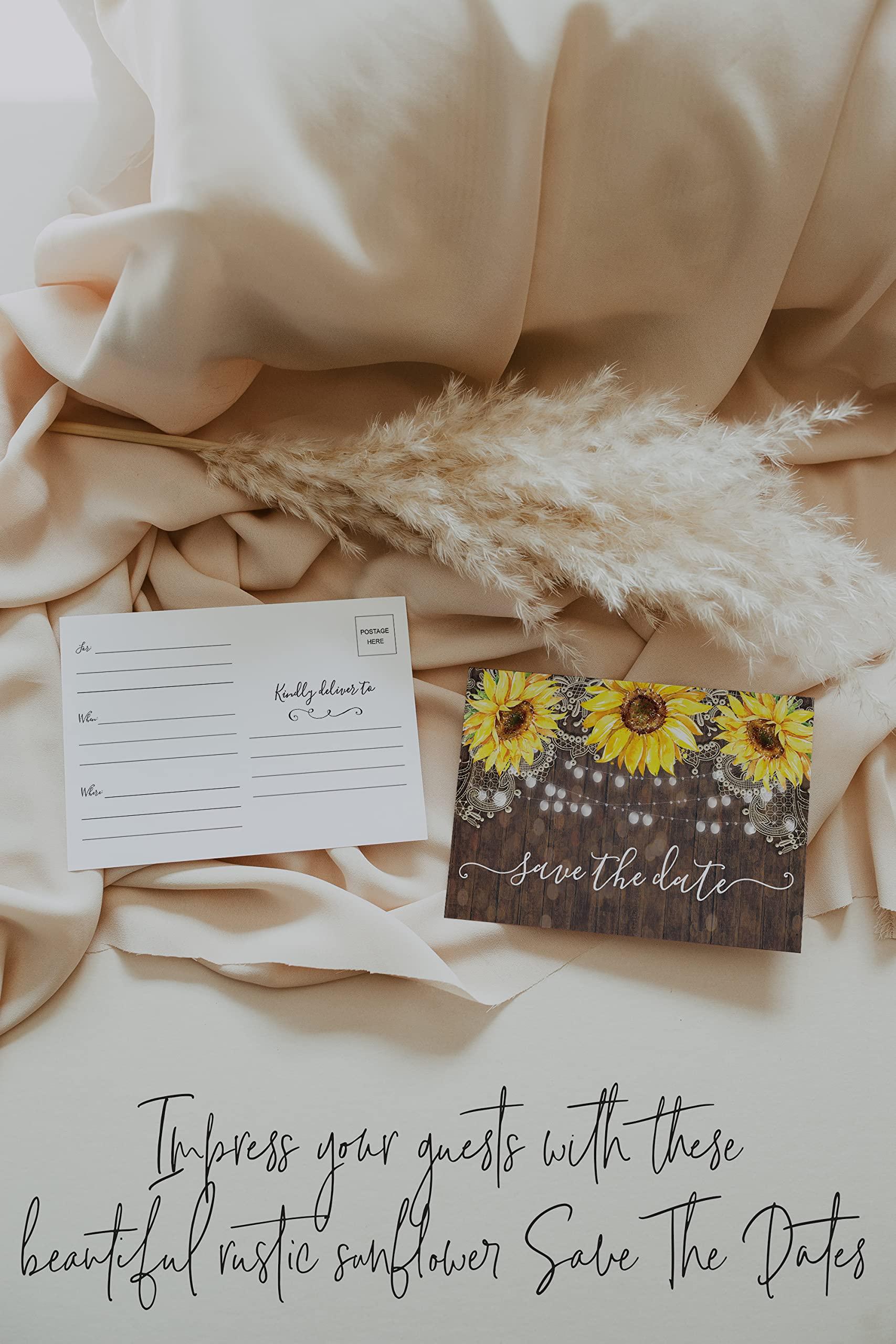 Your Main Event Prints Your Main Event Prints 50 Sunflower Save The Date Cards for Wedding, Engagement, Anniversary, Baby Shower, Birthday Party - Wood Save The Dates Postcard Invitations - 4x6, No Envelopes Needed