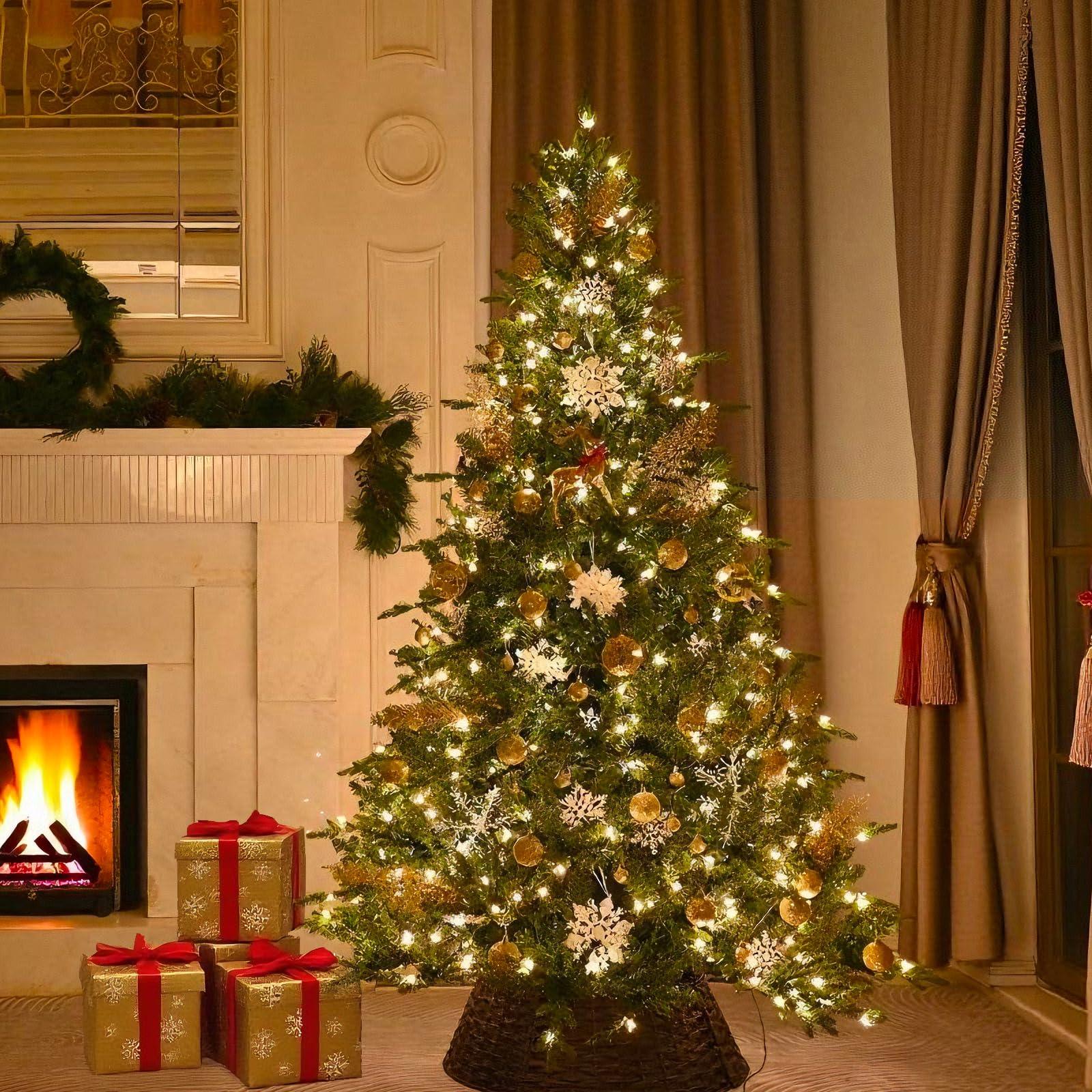 Treepool Treepool 9FT Pre-Lit Artificial Christmas Tree with 3658 PE&PVC Mixed Branch Tips, 850 Warm White Lights, Hinged Premium Spruce Fake Xmas Trees, Green, Foldable Base