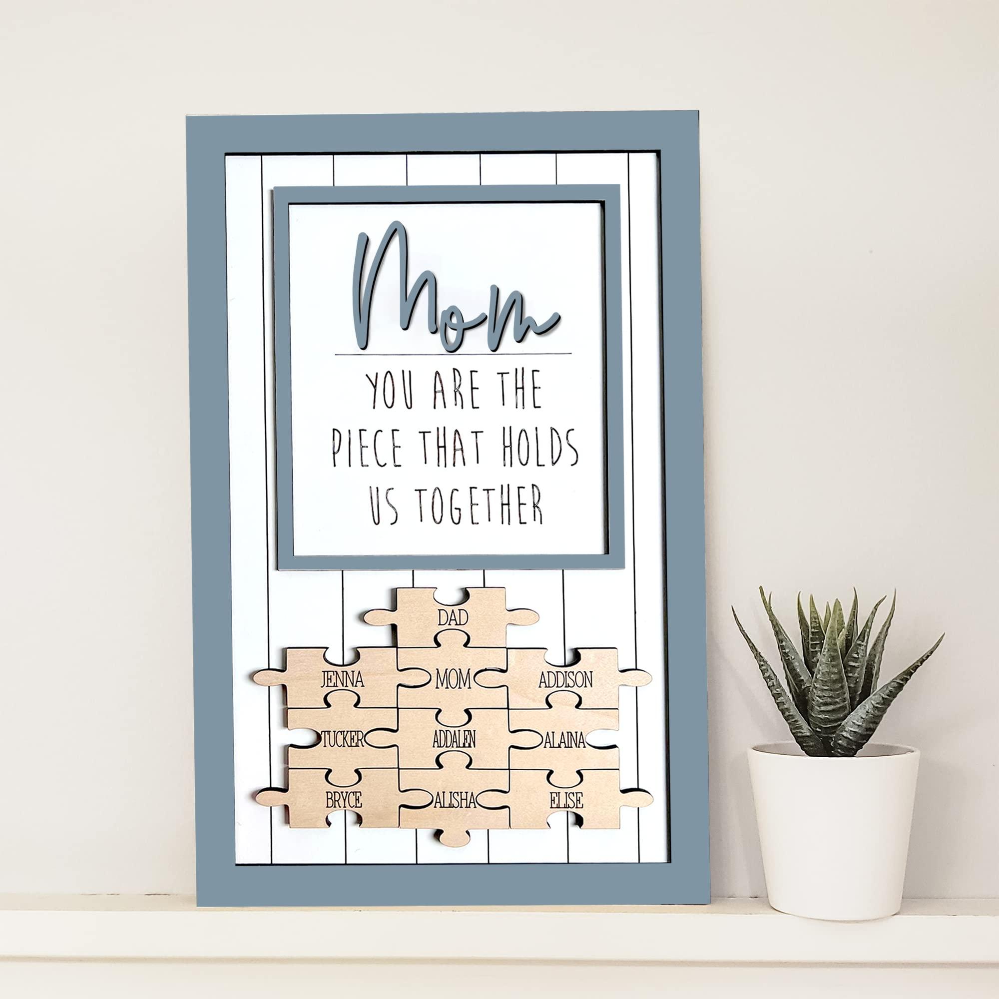 NAZENTI NAZENTI Personalized Mom Puzzle Sign, Custom Mom You Are The Piece That Holds Us Together With Family Name Sign, Puzzle Piece Sign, Birthday Christmas Mothers Women Day Gift From Kid, Mom Grandma Gift