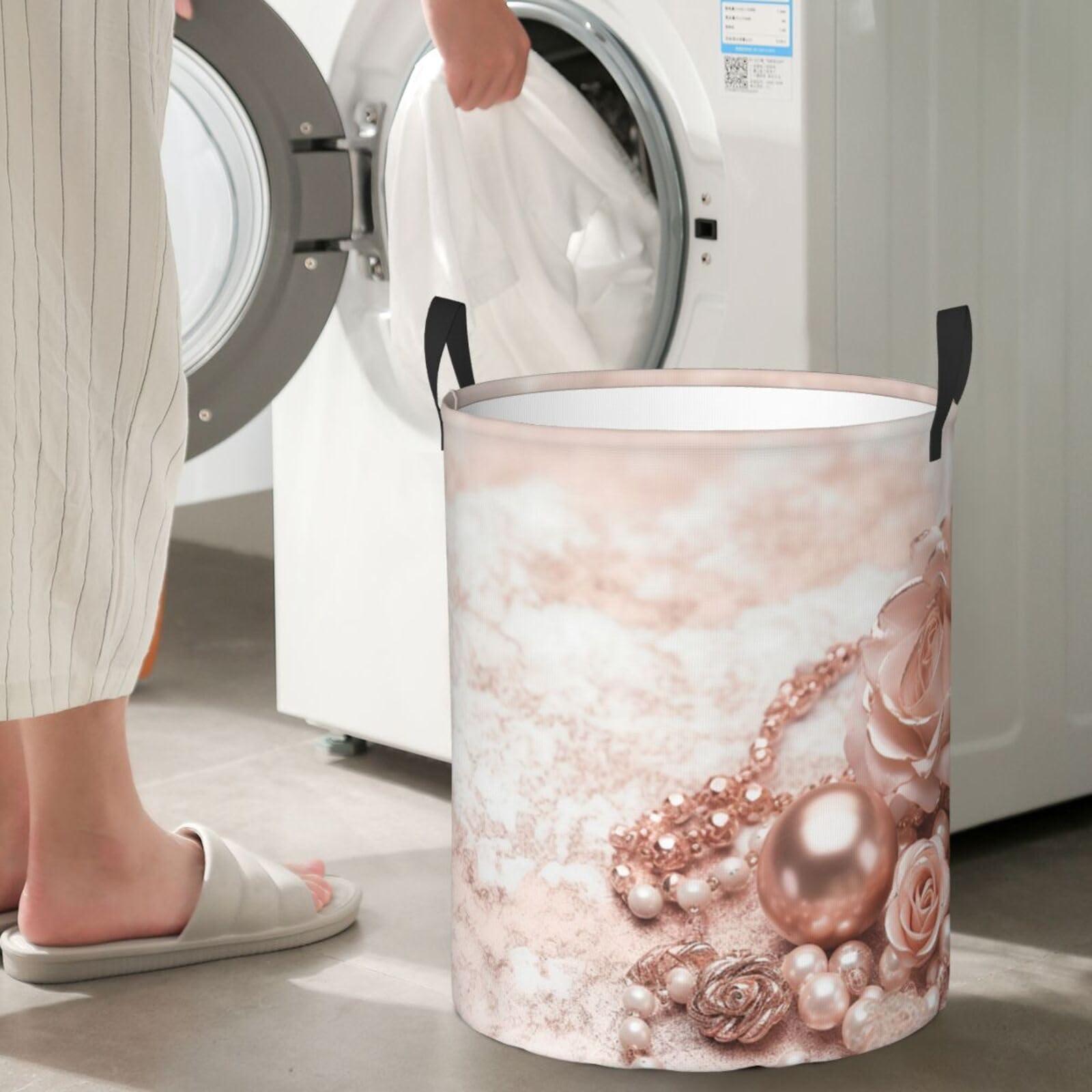 WSOIHFEC Blush Pink Rose Gold print Laundry Basket Waterproof Laundry Hamper with Handle Collapsible Organizer Basket Circular portable Storage Bin for Kitchen Living Room Bathroom Closet Car