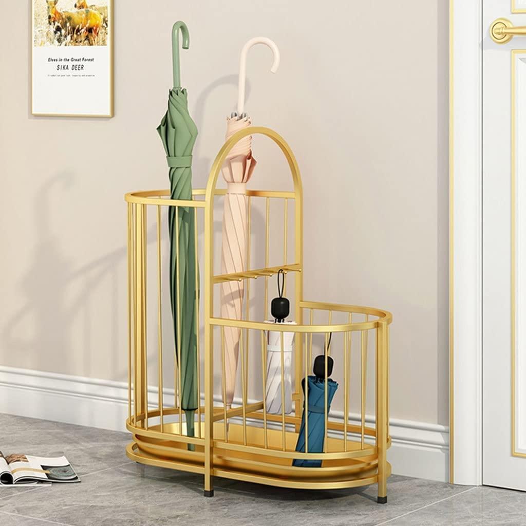 KYTGFH KYTGFH Umbrella Stand, Modern Metal Umbrella Rack, Umbrella Stand Holder for Entryway, Umbrella Stands Indoor with Drip Water Tray and 5 Fixing Hooks, Walking Stick Holders Part,Gold,Large