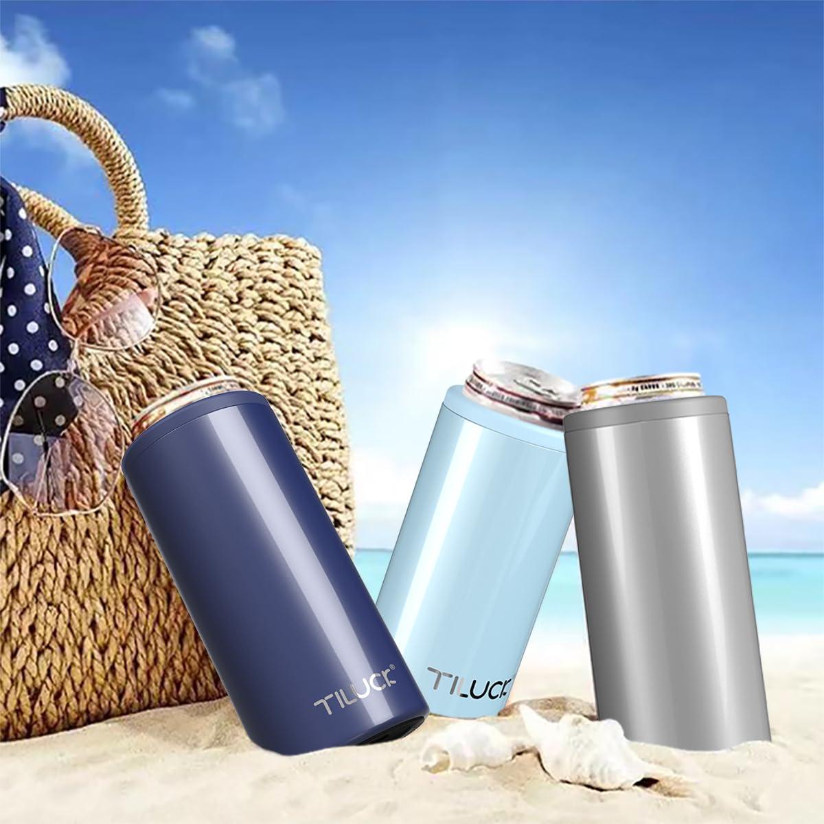 TILUCK TILUCK Skinny Can Cooler for Slim Beer & Hard Seltzer, Stainless Steel, Doucle-Walled Stainless Steel Insulated Slim Cans, Standard 12 oz (Glitter Navy)