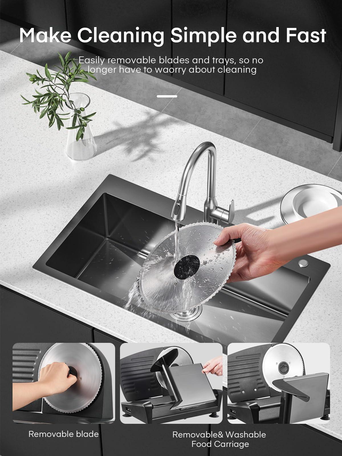 FOHERE FOHERE Meat Slicer for Home Use, 200W Electric Deli Food Slicer with Removable Two 7.5 Blades, 0-15 Precise Thickness Knob Cut Deli Food, Meat Ham Bread Fruit, Include Food Carriage, Black