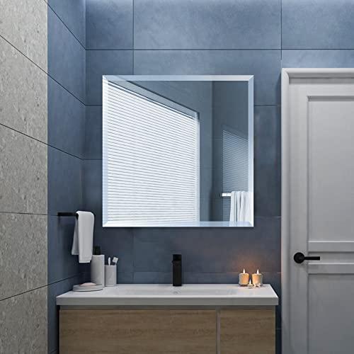 Fab Glass and Mirror Fab Glass and Mirror Wall Mounted 30"x30" Frameless Square Mirror | 1" Beveled Edge Mirror with Hooks for Bathroom Wall, Hallway, Bedroom, Makeup Vanity