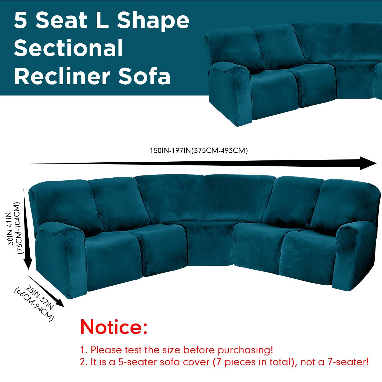 Peryiter Peryiter 7 Pcs L Shape Sectional Recliner Sofa Covers 5 Seat Sectional Couch Covers Milk Silk Velvet Stretch Reclining Sofa Slipcover Furniture Protector for Living Room(Deep Teal,Velvet)