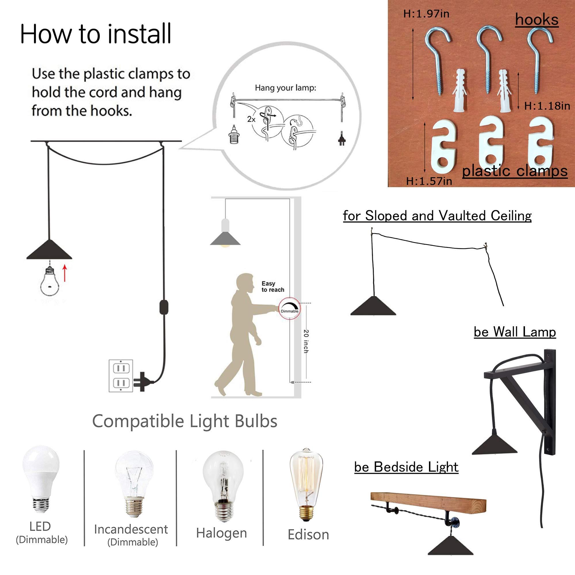 Kiven Kiven Plug-in Handmade Glass Lampshade Pendant Lamp 15 Foot Black Cord with UL Certification On/Off Dimmer Switch Bulb Not Included (TB0213)