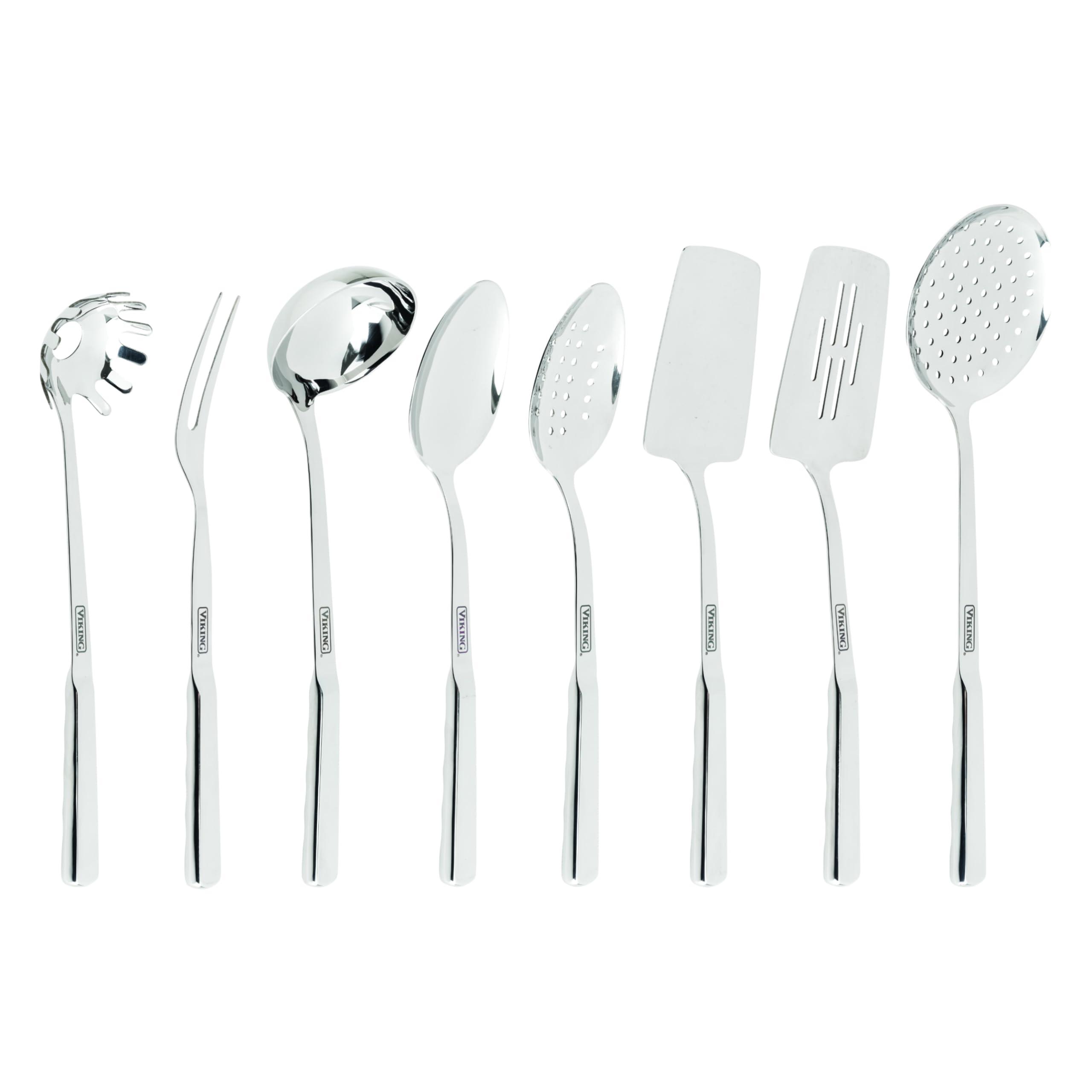 Viking Viking Kitchen Utensils Set, 8 Piece Stainless Steel Cooking Utensil Set, Includes Spatulas, Spoons, Pasta Fork, Deep Ladle, Meat Fork, and Skimmer, Silver