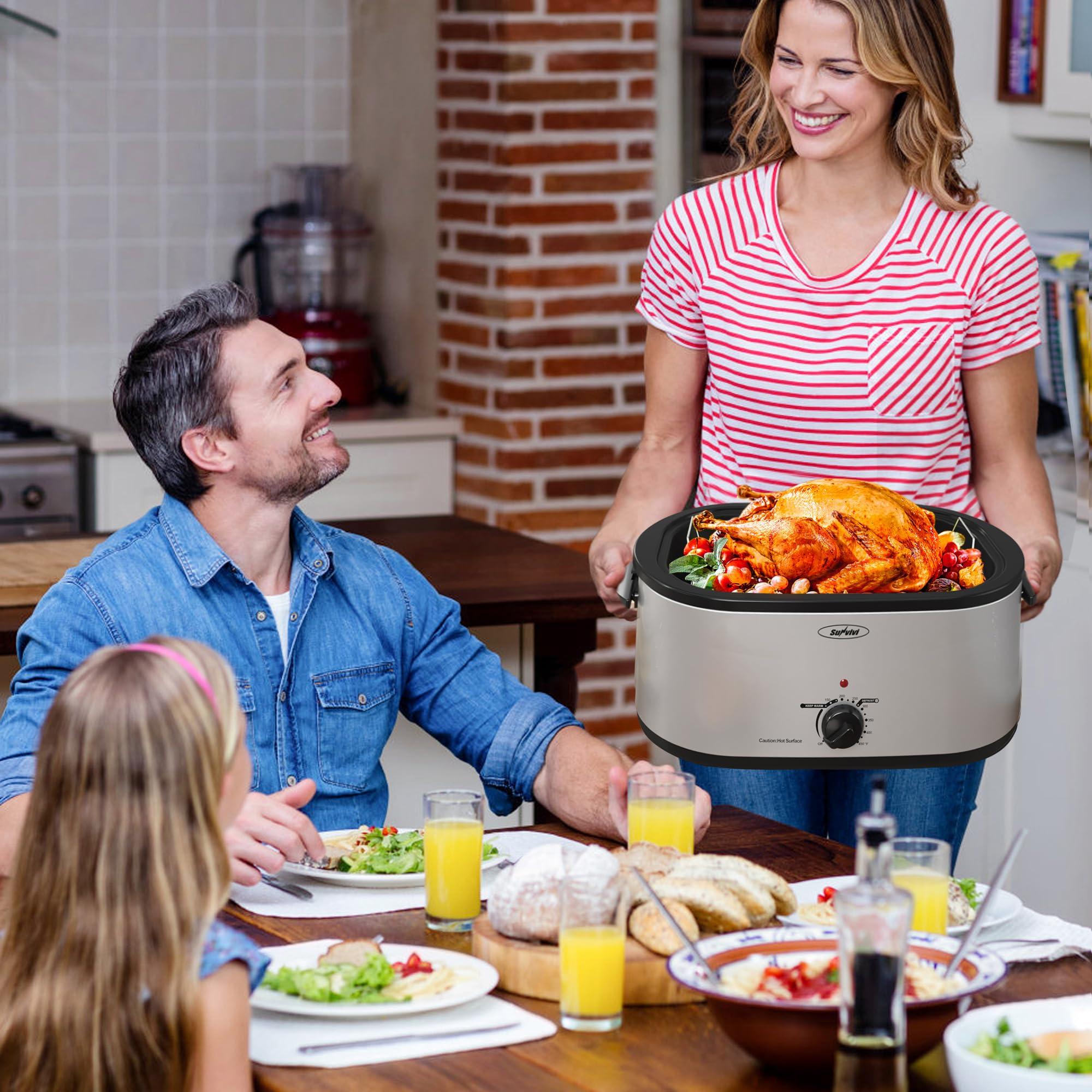 SUNVIVI OUTDOOR Sunvivi Outdoor 24 Quart Roaster Oven, Electric Roaster with Visible Self-Basting Lid, Removable Pan & Rack, Turkey Roaster Oven with Defrost & Warm Function, Stainless Steel, Silver