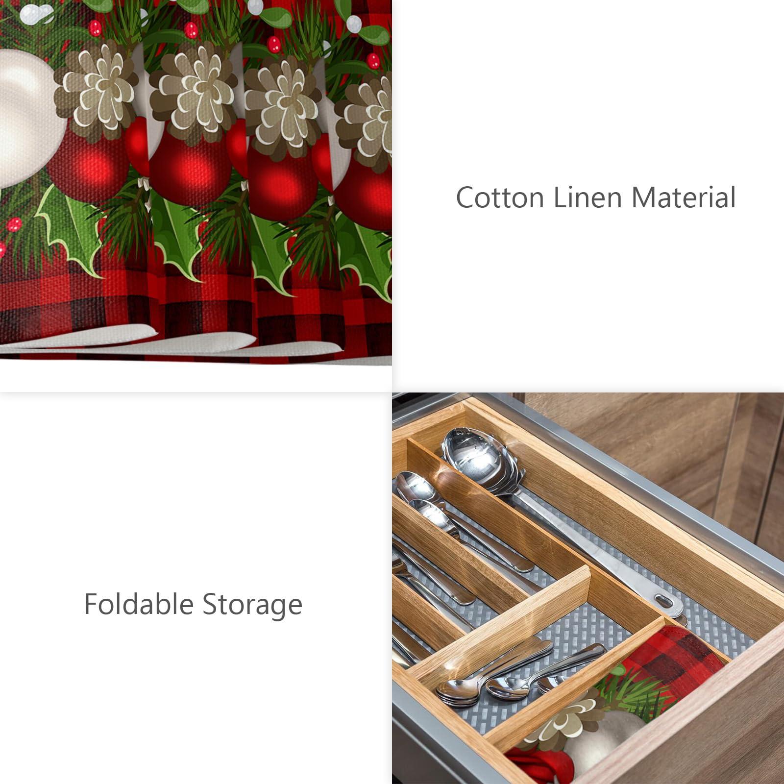 ZOE GARDEN Plaid Christmas Balls Placemats for Dining Table Set of 4, Cotton Linen Cloth for Square/Rectangle/Round Table Mat Placemat, Kitchen Dinner Holiday Dcor Red Black Buffalo Pine Cones Berries