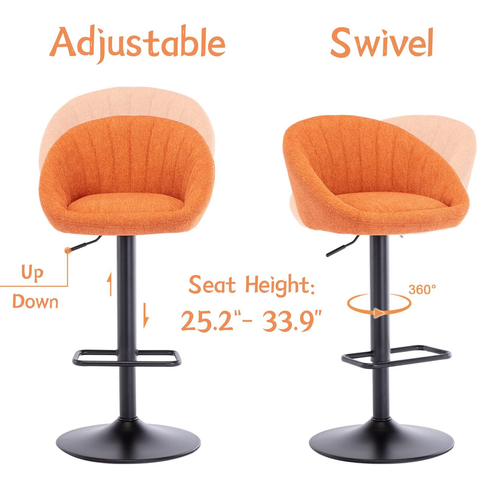 CIMOO CIMOO Swivel Bar Stools Bar Height Set of 4 with Back Adjustable Counter Height Barstools, Modern Upholstered Stools for Kitchen Island Chairs with Black Legs for Home Bar/Pub, Orange Terrycloth