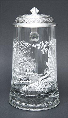 Cornell JAMES MEGER GLASS WHITE TAIL DEER STEIN, Etched German Glass Beer Stein w/ Pewter Lid, Made in Germany