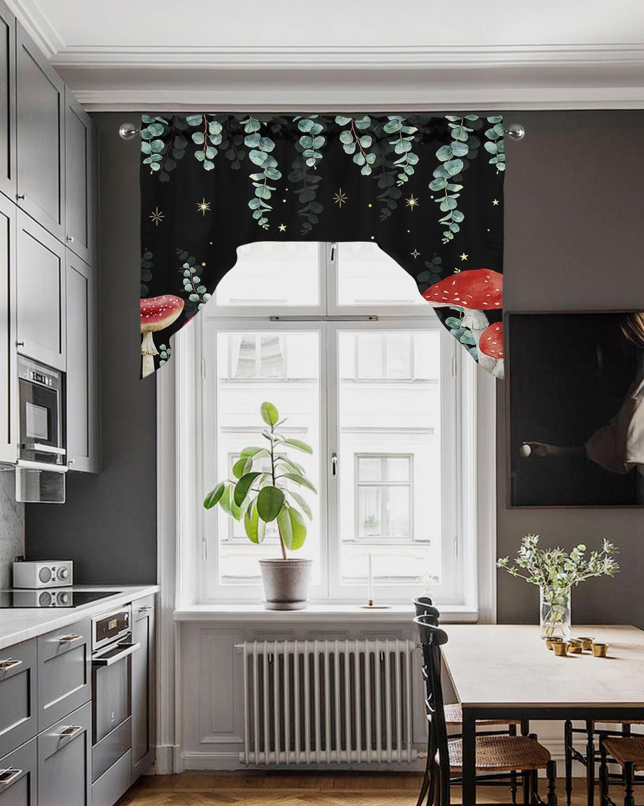 Onekaccu Mushroom Eucalyptus Swag Valances for Kitchen Window, Swag Curtains Drapes for Bedroom Bathroom Over Sink Floral Leaf Stars Moon Black Backdrop Rod Pocket Window Treatment Decor Valances, 56x36 Inch