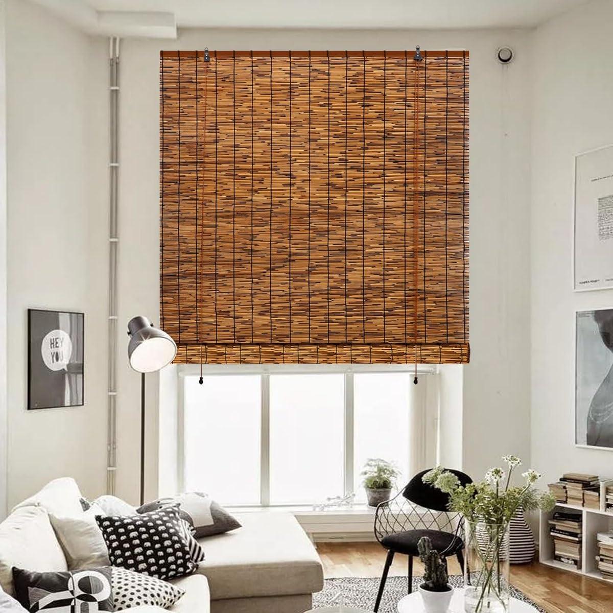 ZXBMYLV Outdoor Bamboo Roller Blinds, 24" 28" 30" 32" 36" 40" 42" 46" 48" 51" 53" 54" 60" 72" Wide, Cordless Bamboo Roman Window Shades For Porch Privacy Protection, Blackout Bamboo Roll Up Curtains With Lift