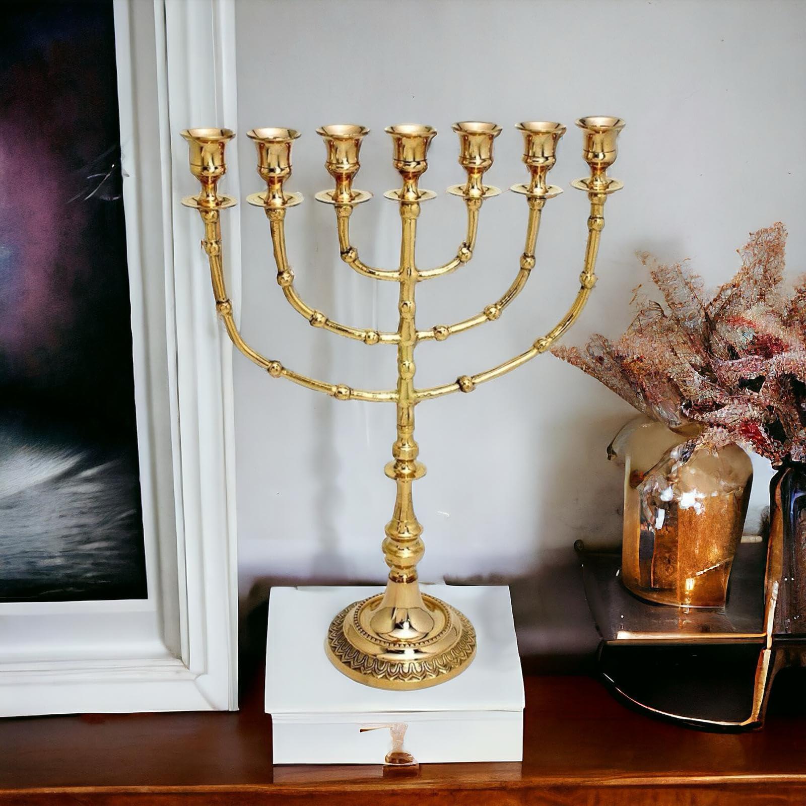 Yaliland Menorah Modern candle holder 7 Branches Brass Pure copper Menora - 14 Inches Hight