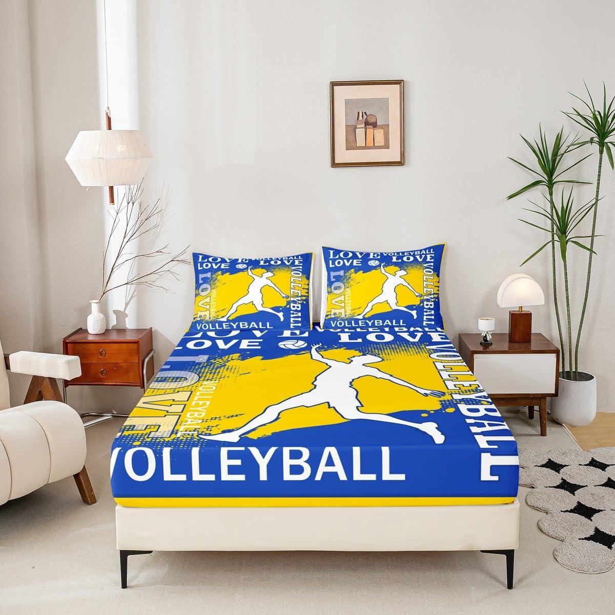 Homewish Volleyball Player Kids Sheet King Size,Sports Games Competition Lover Bedding Set,Girls Boys Adults Room Decor,Yellow Graffiti Fashion Blue Chic Bed Sheet Set 4pcs(Fitted + Flat + 2 Pillowcases)