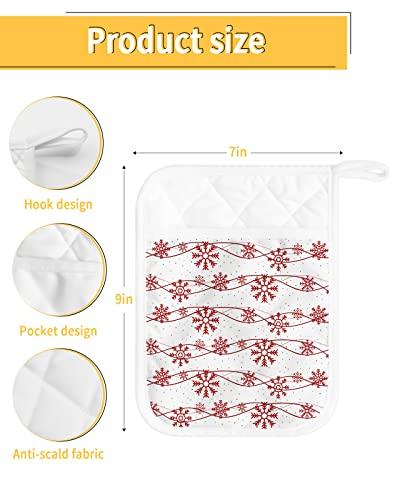 LEOKOTI 5 Pack Pocket Pot Holders, Christmas Snowflake Hot Pads for Kitchen Heat Insulation Potholders, Xmas Winter Red Snowflake White Decor Pot Holder Oven Mitts Hot Pad Trivet for Baking Cooking 9\"x7\"