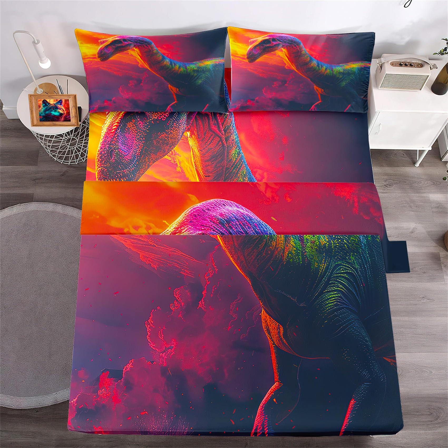 Kossmjx Dinosaur Sheet Set Queen - 4Pcs Boys Dinosaur Queen Size Bedding Set Nightfall Cartoon Dinosaur Bed Sheet with 1 Fitted Sheet & 1 Flat Sheet + 2 Pillowcases Toddler Bed Sheets for Boys Kids Bedroom