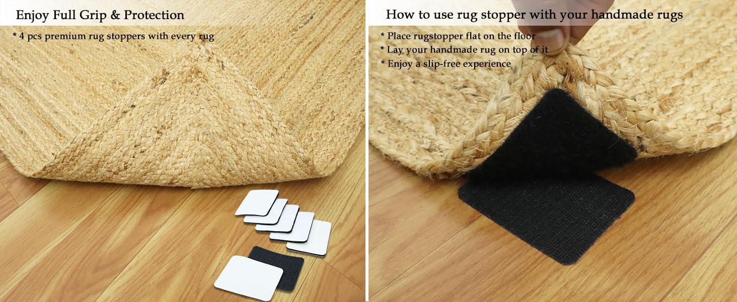 CASAVANI CASAVANI Scalloped Jute Rug Kilim Rug 4' Square Rug Black Hand Braided Jute Cape Cod Design Thick 0.19 inches Flatweave Rug Indoor Outdoor Use Rugs for Kitchen, Bedside, Enterway