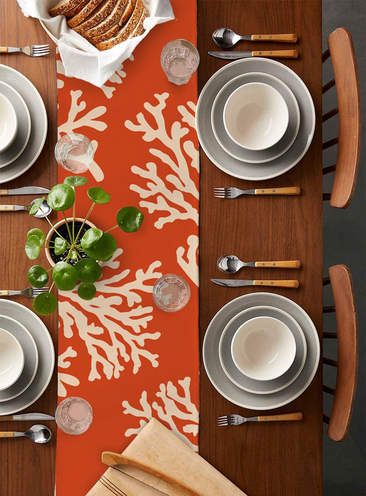 RisQiten RisQiten Orange Coral Table Runner - 60 Inch Long Coastal Summer Beach Nautical Seaside Cotton and Linen Blended Dress Scarves Farmhouse Table Runner for Kitchen Dining, Coffee Table, 13\" x 60\"