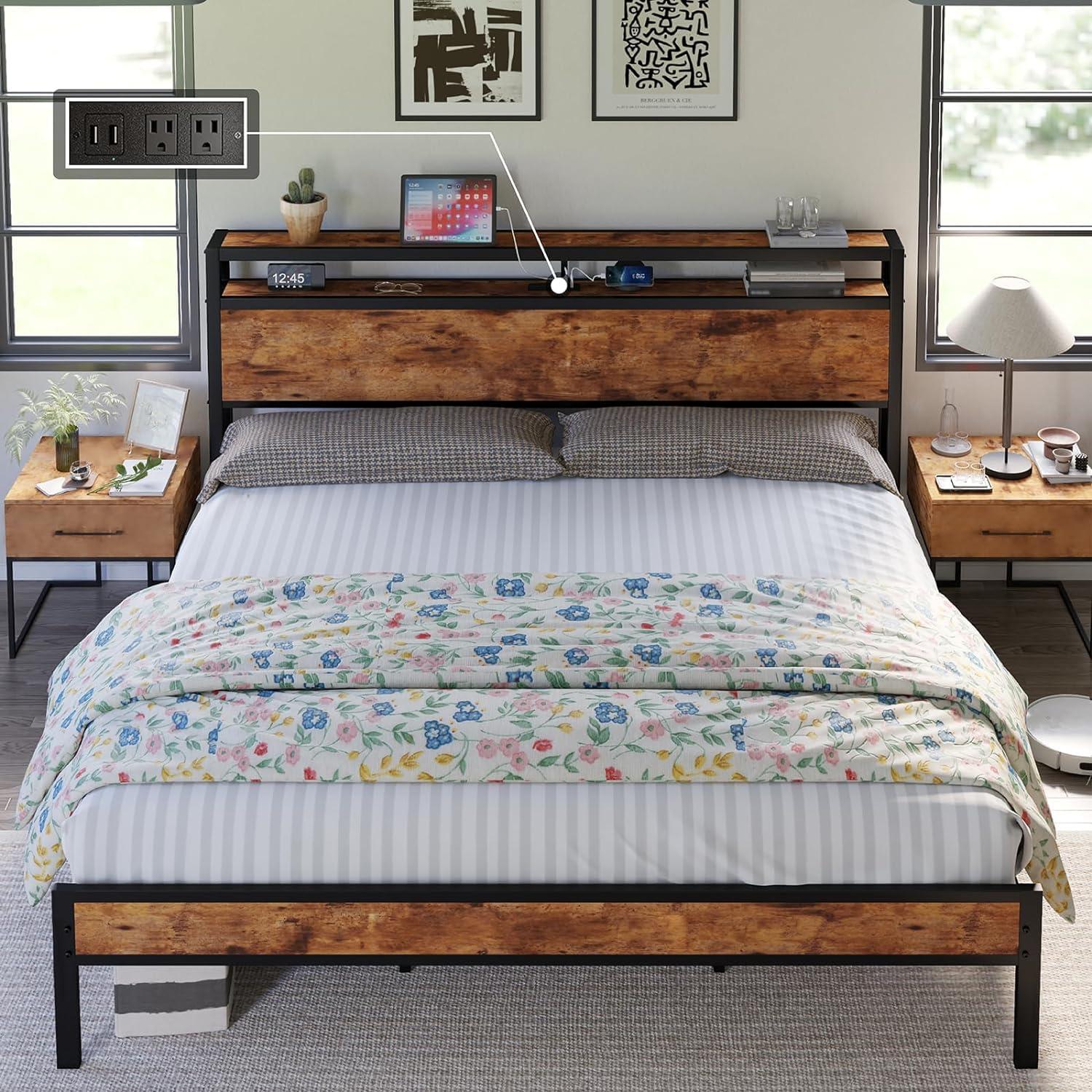 PAHKEN PAHKEN Queen Size Bed Frame Industrial Platform Bed with Charging Station, 2-Tier Storage Headboard/No Box Spring Needed/Noise-Free/Dark Brown,bed frame, King, zq-122903