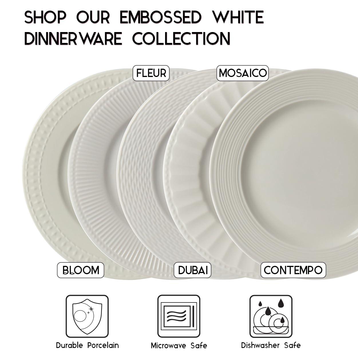 TTU Tabletops Gallery Embossed Bone White Porcelain Round Dinnerware Collection- Chip Resistant Scratch Resistant, Mosaico 12 Piece Dinnerware Set (Dinner Plate, Salad Plate, Cereal Bowl)