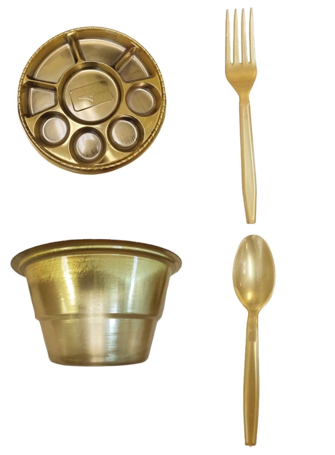 Mahavir 9 Compartment Disposable Gold Plates - Indian Thali Plastic Tray (200 w/Spoon/Fork/Bowl)