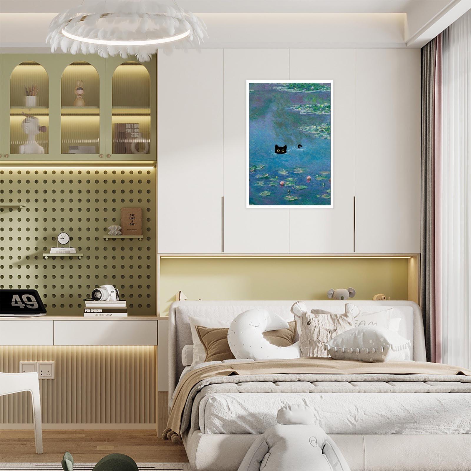 YODOOLTLY YODOOLTLY Retro Canvas Monet Waterlily Cat Print Posters Funny Water Lillies Black Cat Prints Painting Eclectic Cute Preppy Aesthetic Room Decor For Bedroom Bathroom 16x24in Unframed