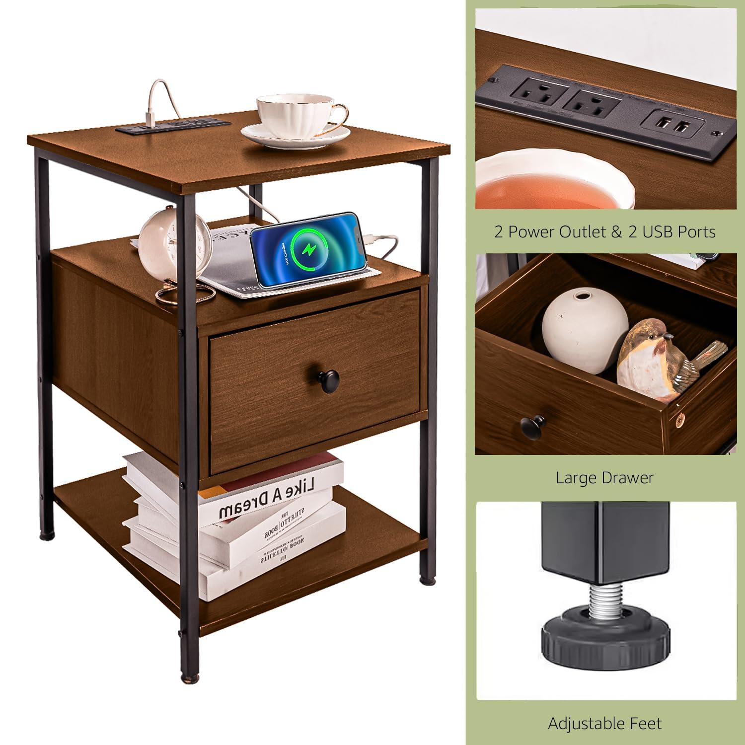 Our Modern Space Our Modern Space Wooden Nightstand with Charging Station USB Port and Single Drawer | Bedside Table End Cabinet for Living Room Bedroom Dorm - Rustic Brown