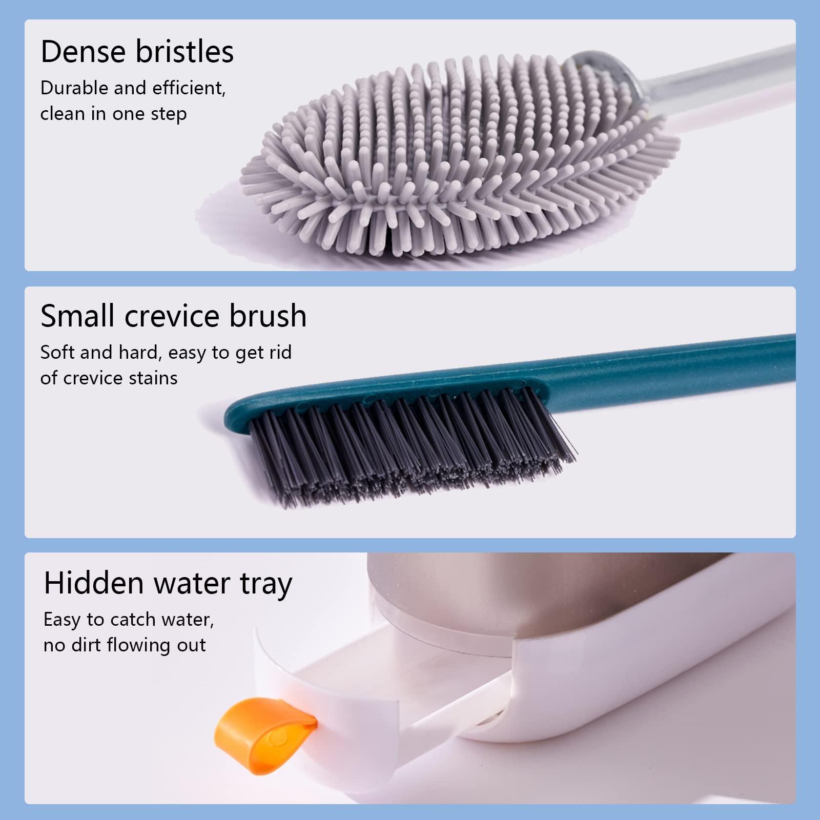 Homy Timy Silicone Toilet Brush - Soft Flat Toilet Brush and Holder,Silicone Flex Toilet Brush and Bathroom Crevices Brush, Compact Toilet Bowl Cleaner Brush Set, Wall Mounted/Floor Standing. (White)