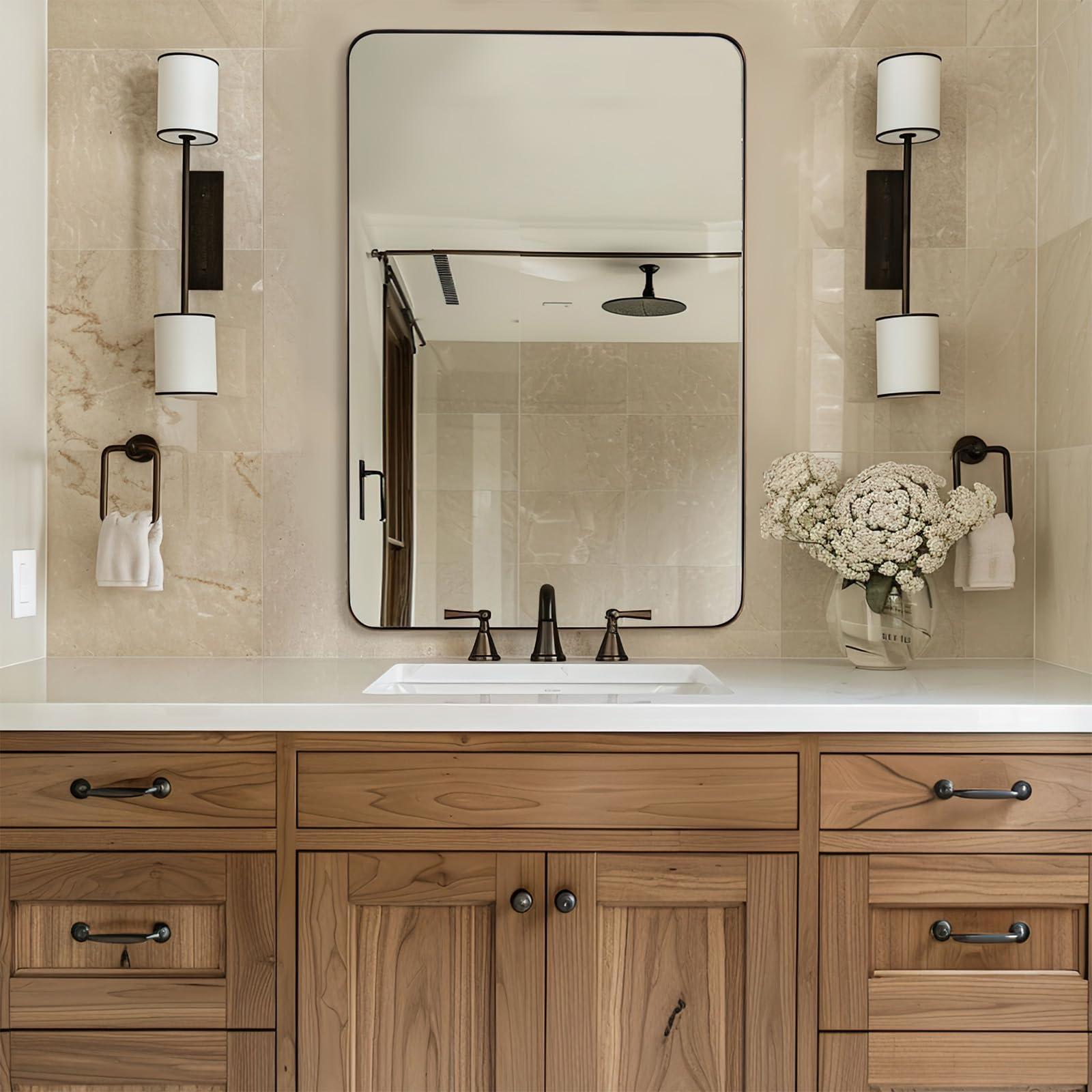 ANDY STAR ANDY STAR Wall Mirror for Bathroom, 20x28Brushed Bronze Bathroom Mirror, Rounded Rectangle Mirror in Premium Stainless Steel Metal Frame Hangs Horizontal Or Vertical