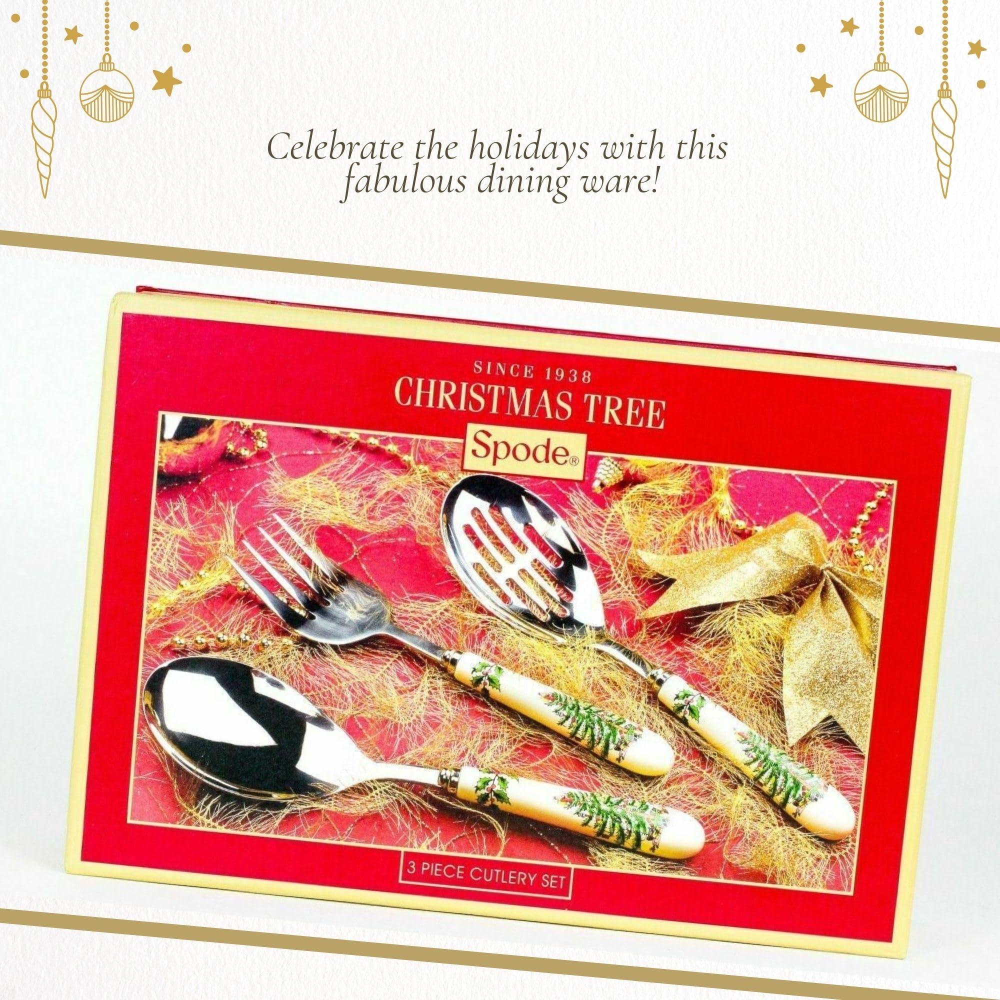 Spode Spode Christmas Tree 3-Piece Stainless Steel Cutlery Set - Porcelain Handle Flatware with Meat Fork, Serving Spoon, and Slotted Spoo - Holiday Silverware for Christmas Dinners & Seasonal Gatherings