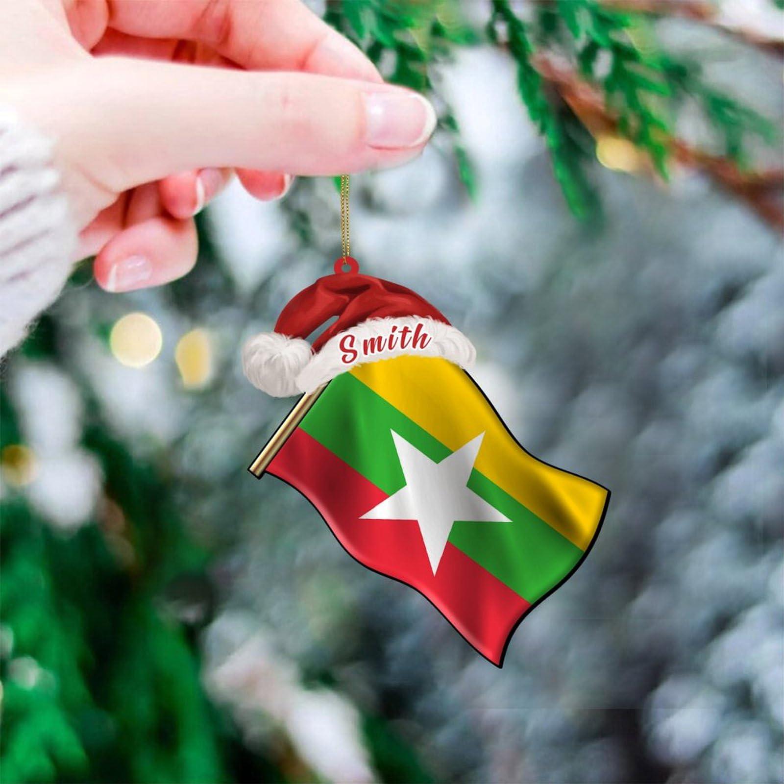 UanMere Burma Flag Acrylic Christmas Ornament Country Keepsake for Travel Friends for Burma Brother Memorial National Day Burma Personalized Acrylic Keepsake