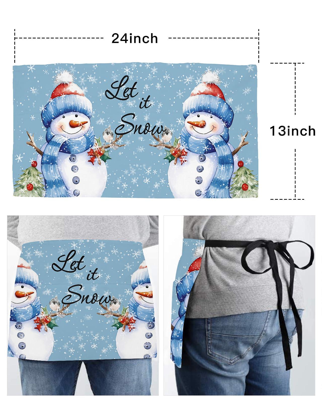 OComster OComster Christmas Waist Server Aprons, Snowman Snowflake Xmas Tree Bird Blue Waitress Apron with Pockets, Waiter Half Apron