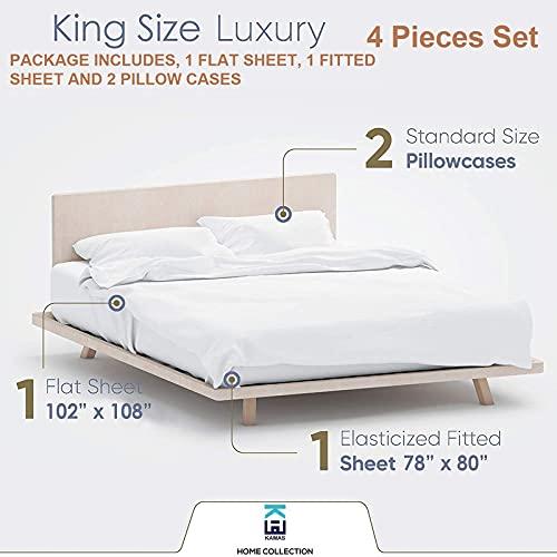 Kamas Home Collection Kamas King Sheet Sets 4 Pieces 800 Thread Count Egyptian Cotton, Sateen Weave Cotton for Soft & Silky Feel, Fits Mattress Up to 18'' Deep Pocket (King- 4 PC Sheet Sets, White Striped)