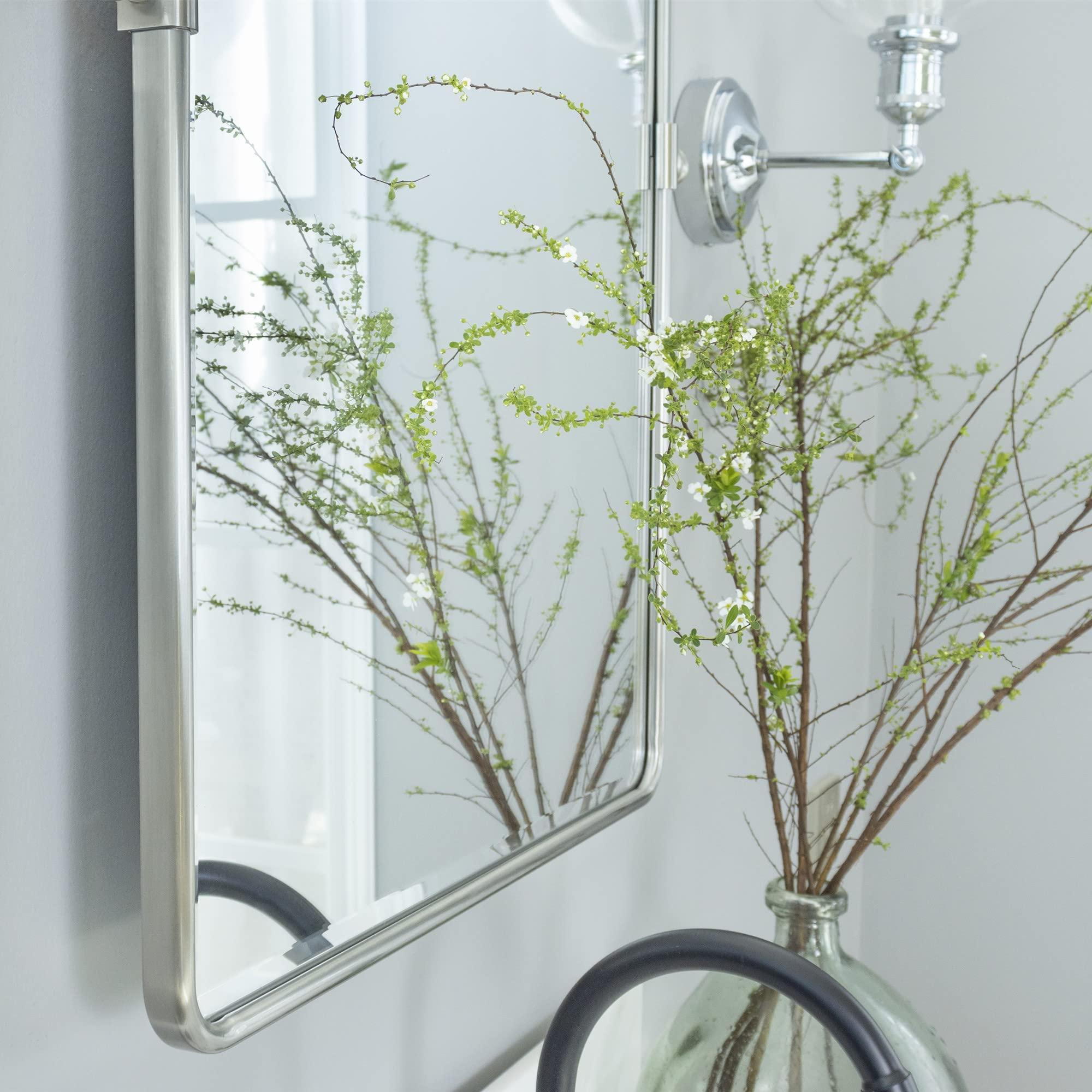 TEHOME TEHOME 20x30\'\' Brushed Nickel Pivot Mirror Rectangle Bathroom Vanity Mirror Brushed Silver Rounded Corner Metal Framed Tilting Beveled Vanity Wall Mirrors