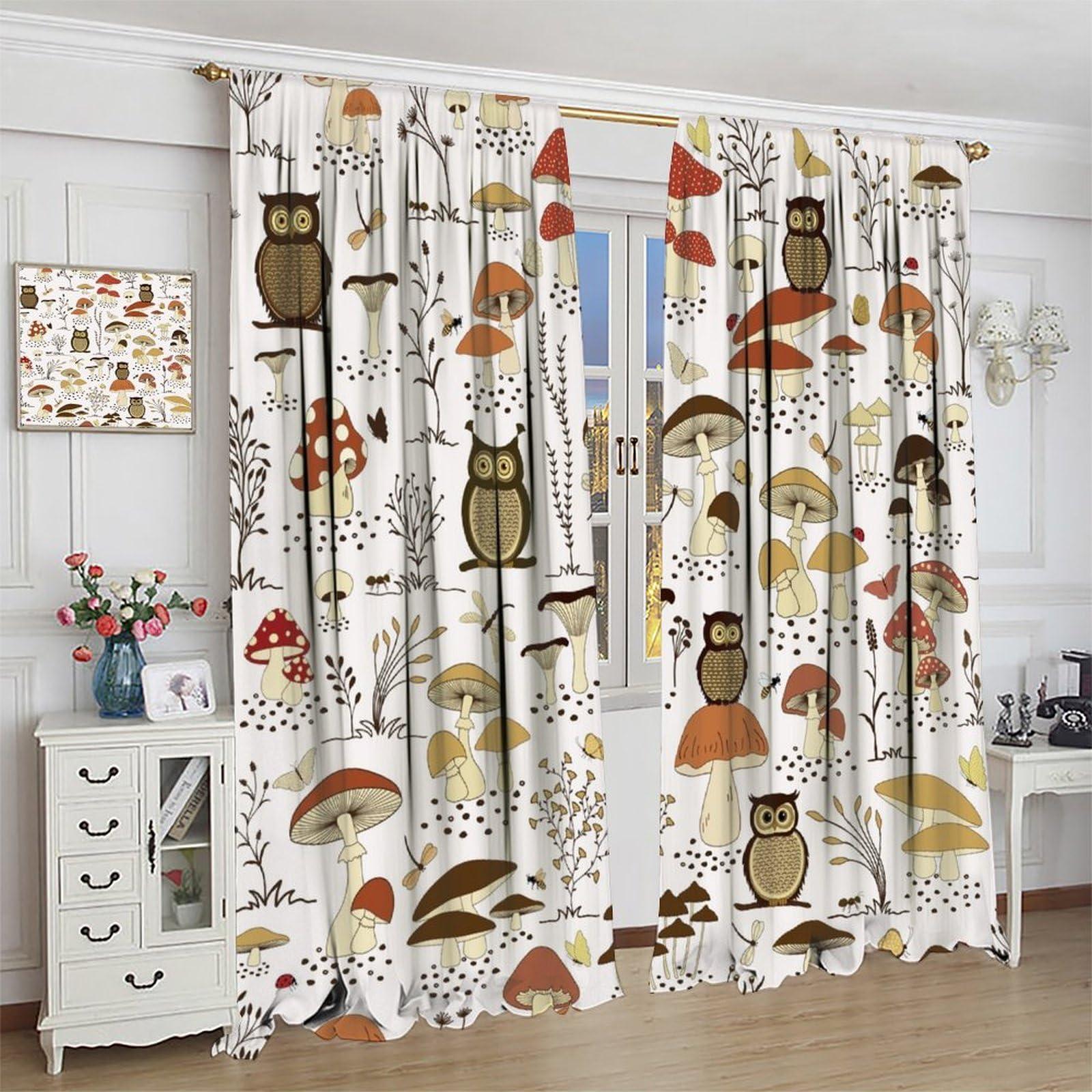 KANEPE Mushroom Blackout Curtains, Funny Cartoon Owls and Cute Cartoon Mushrooms Window Treatments, Rod Pocket Thermal Insulation Drapes for Bedroom Living Room Kitchen Decor, 55" W X 63" L