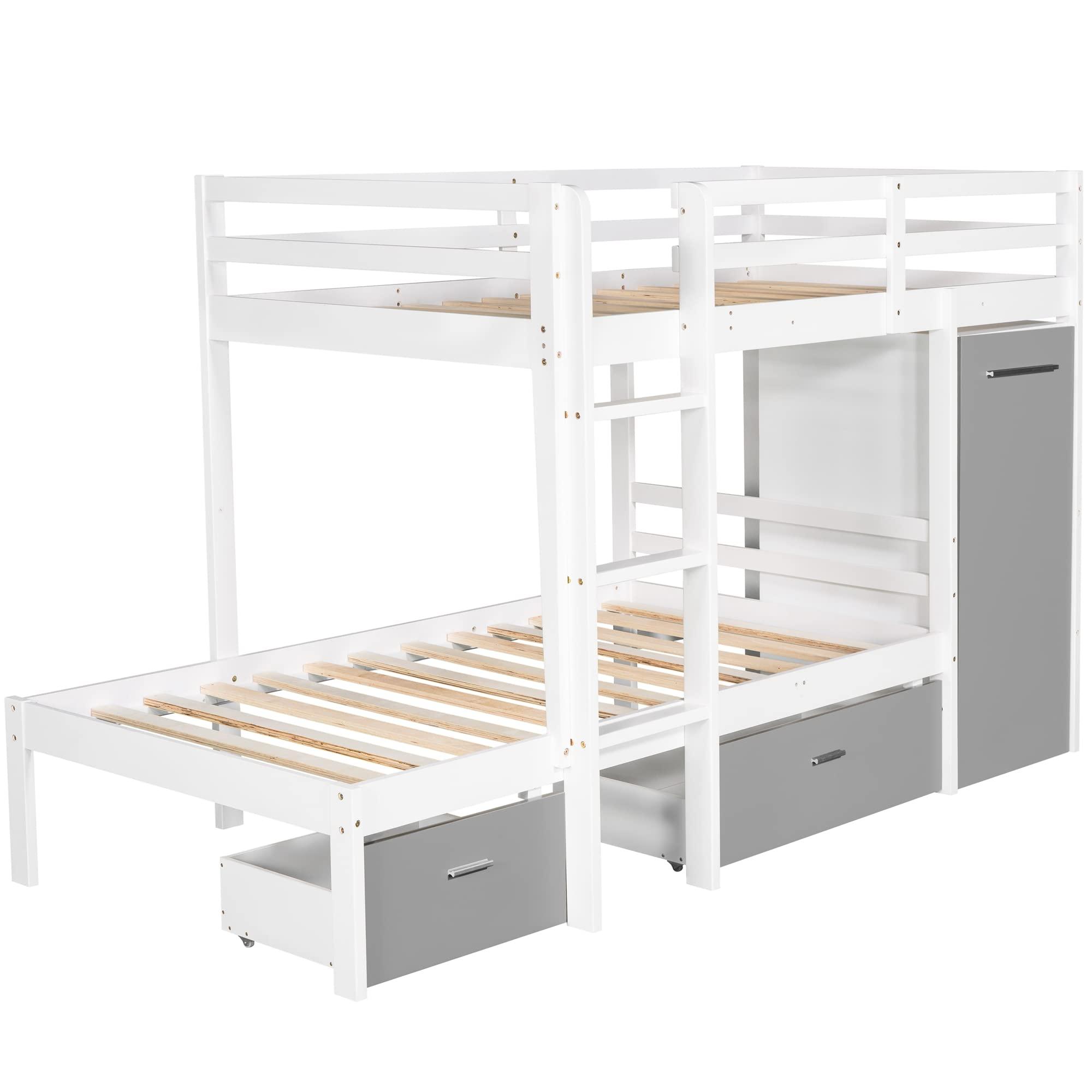 XIONGGG Twin Over Twin Bunk Bed with Built-in Storage Wardrobe and Two Drawers, Convertible Design, Solid Wood Bunk Bed for Kids, Teens