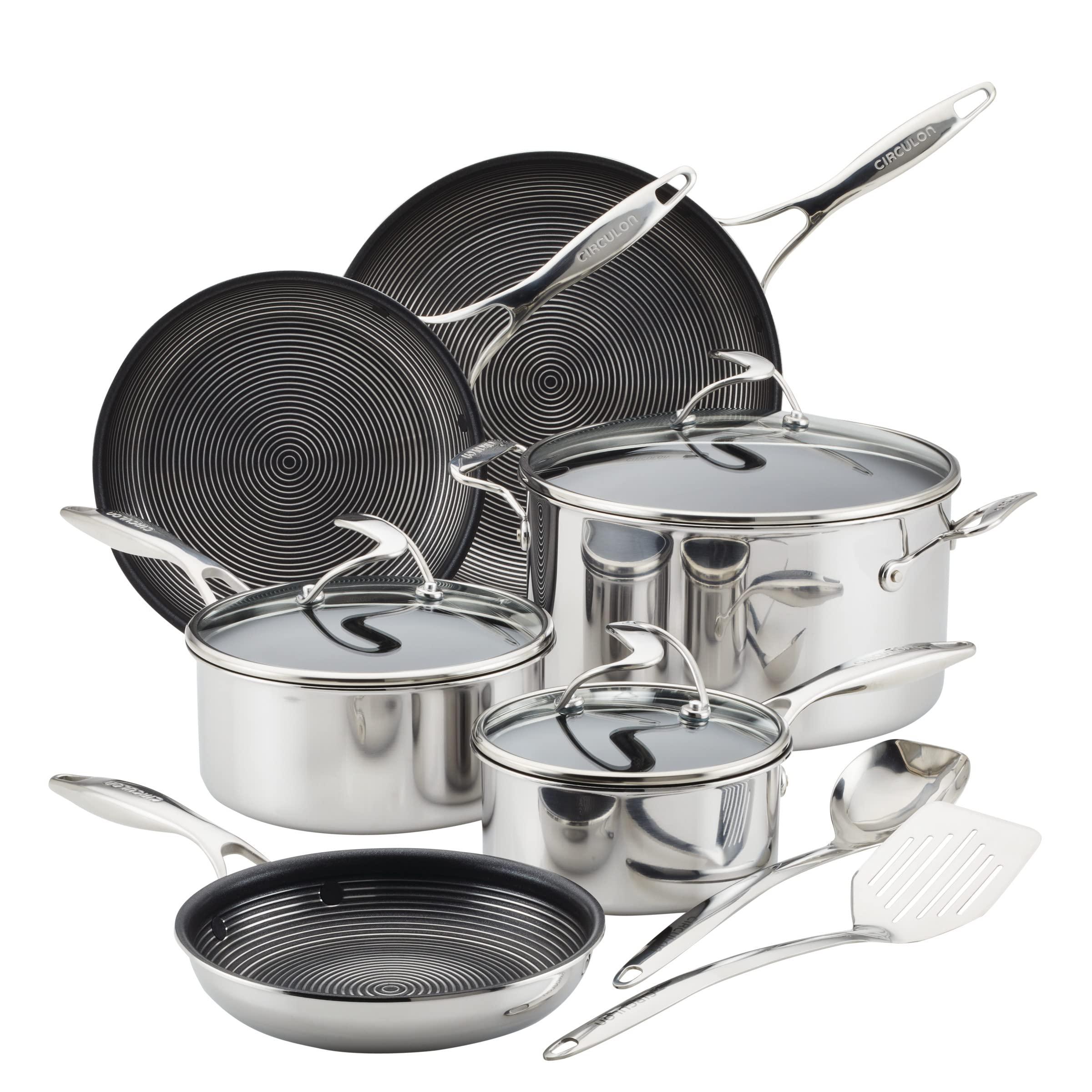 Circulon Circulon Clad Stainless Steel Cookware/Pots and Pans and Utensil Set with Hybrid SteelShield and Nonstick Technology, 11 Piece - Silver