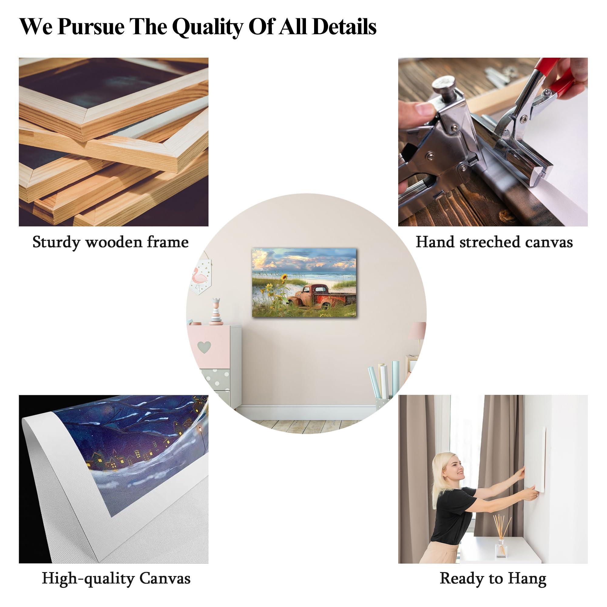 ANRUOXI ANRUOXI Coastal Wall Art Framed, Beach Wall Art for Living Room Wall Decor, Ocean Wall Art Old Truck on The Beach, Flower Truck Beach Pictures Wall Art for Bedroom Framed Ready To Hang 12x18\'\'