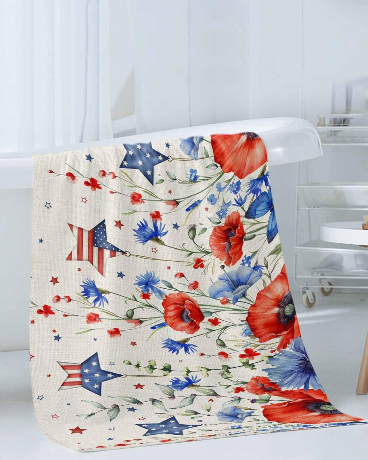 PIEPLE PIEPLE Patriotic Star Floral 3PCS Bath Towels Set, Super Soft Absorbent Bath Towel-Hand Towel-Washcloth, Luxury Beach Towel for Kitchen Shower Travel Vintage Independence Day Eucalyptus