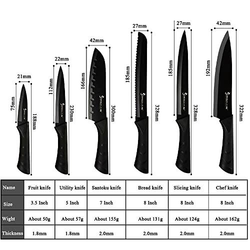 MAYiT Kitchen Knife Sets, 6pcs Black Knives Set Professional Chef Knife Tool DIY Roll Bag Portable Knives Kitchen Tools Slicing Santoku Fruit Knife with cover