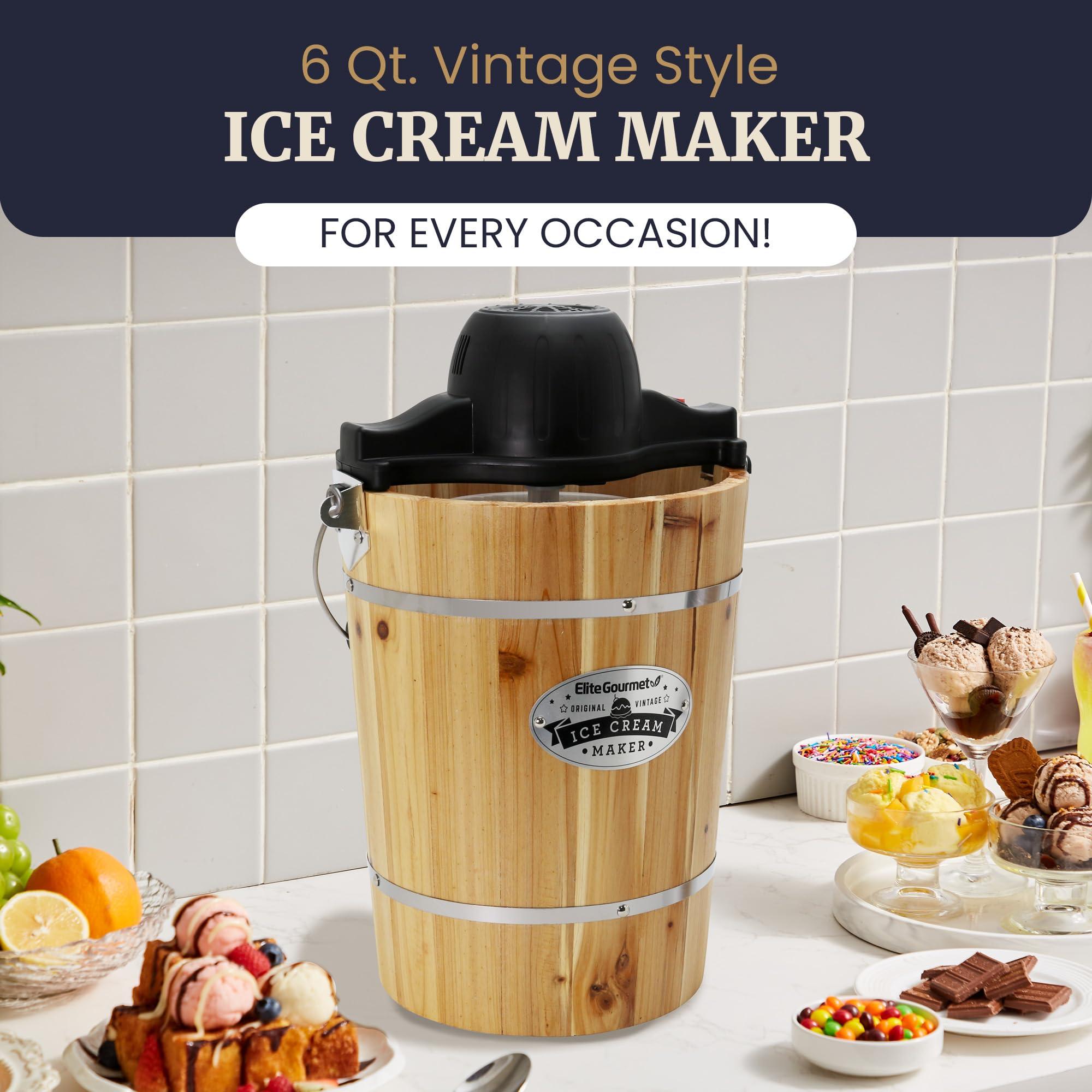 Elite Gourmet Elite Gourmet Old Fashioned 6 Quart Vintage Appalachian Wood Bucket Electric Ice Cream Maker Machine, *Bonus Classic Die-Cast Hand Crank for Churning, Uses Ice and Rock Salt Churns Ice Cream in Minute