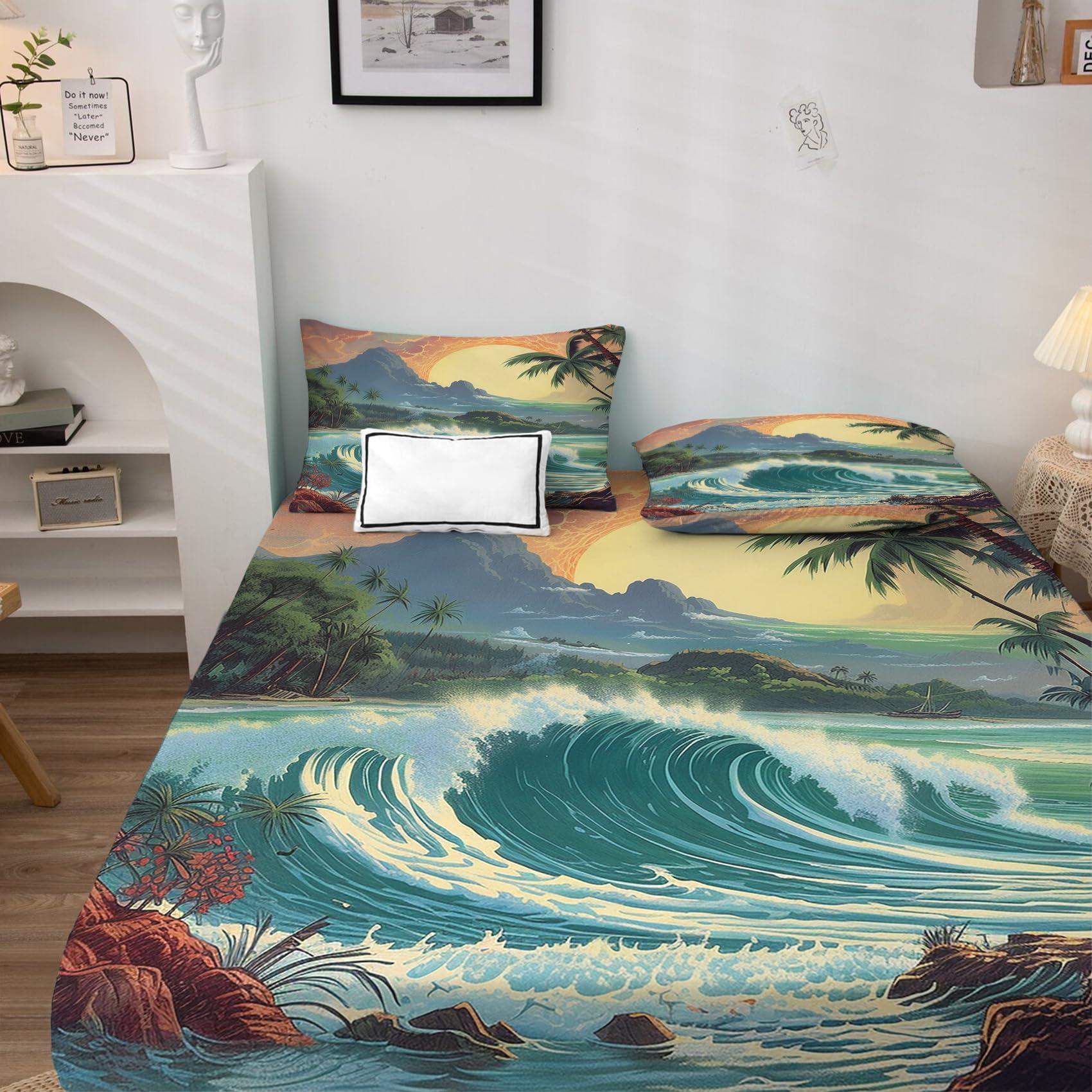 zcsm zcsm Wave Sheets Twin XL Sheet Sets - Tropical Hawaiian Landscape Bed Sheets, Soft Microfiber & Deep Pocket & Wrinkle Free Bedding Sheets & Pillowcases, 1 Fitted Sheet, 1 Flat Sheet, 1 Pillow Case